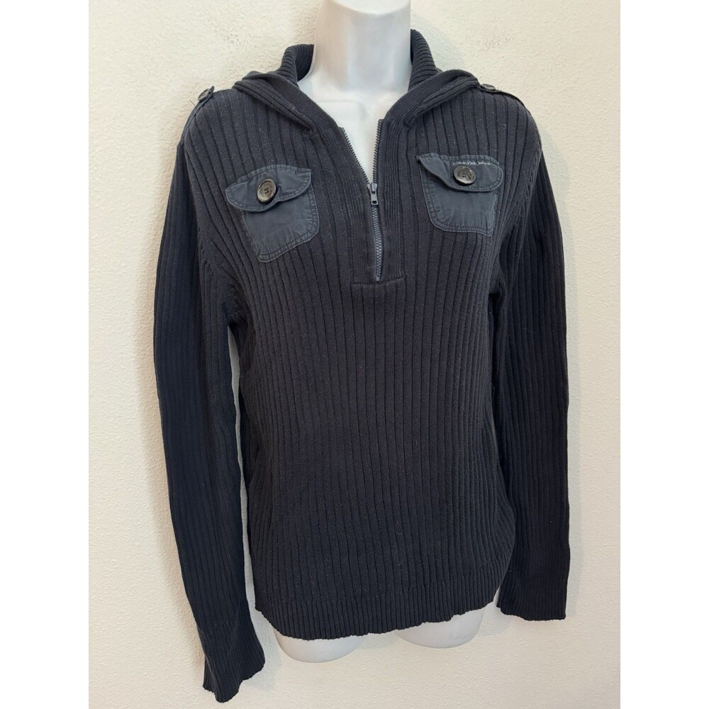 Calvin Klein Women's Sweater Ribbed Long-Sleeve Navy Blue 1/4 Zip Pockets L